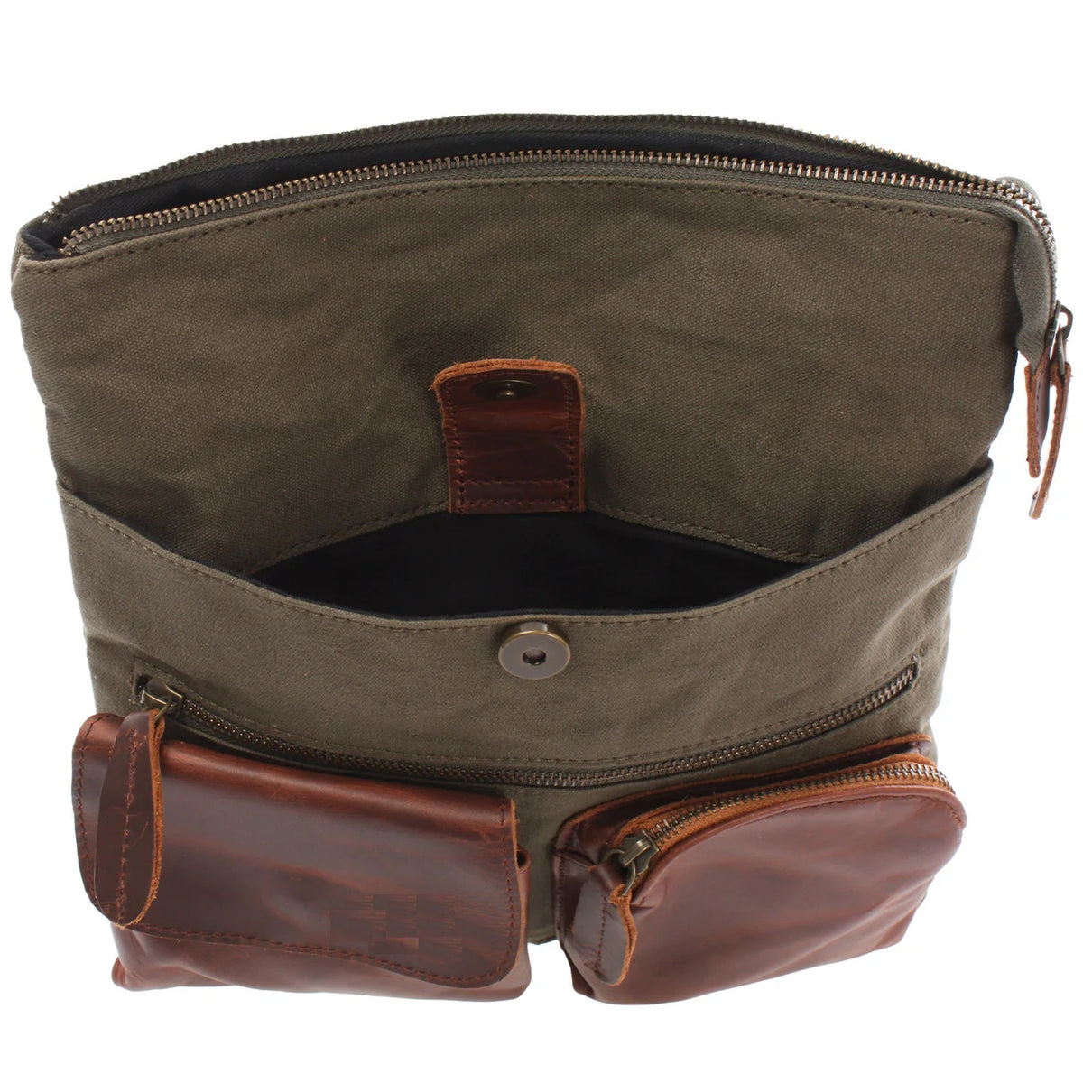 Open olive green Arden front pocket showing magnetic snap closure and brown leather zip pouches