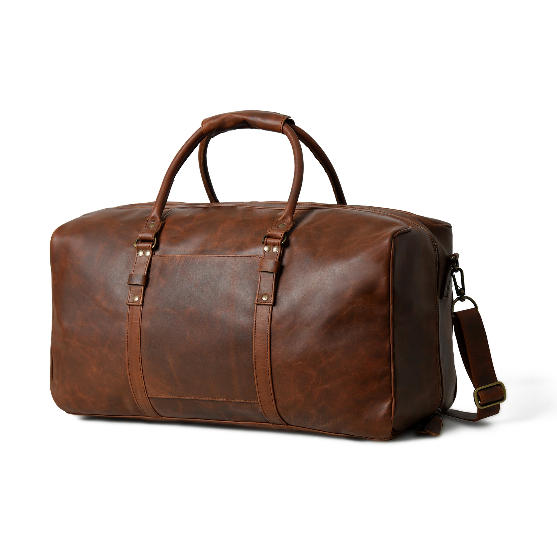 A brown distressed leather duffel bag with dual top handles and a detachable shoulder strap, shown on a clean white background.