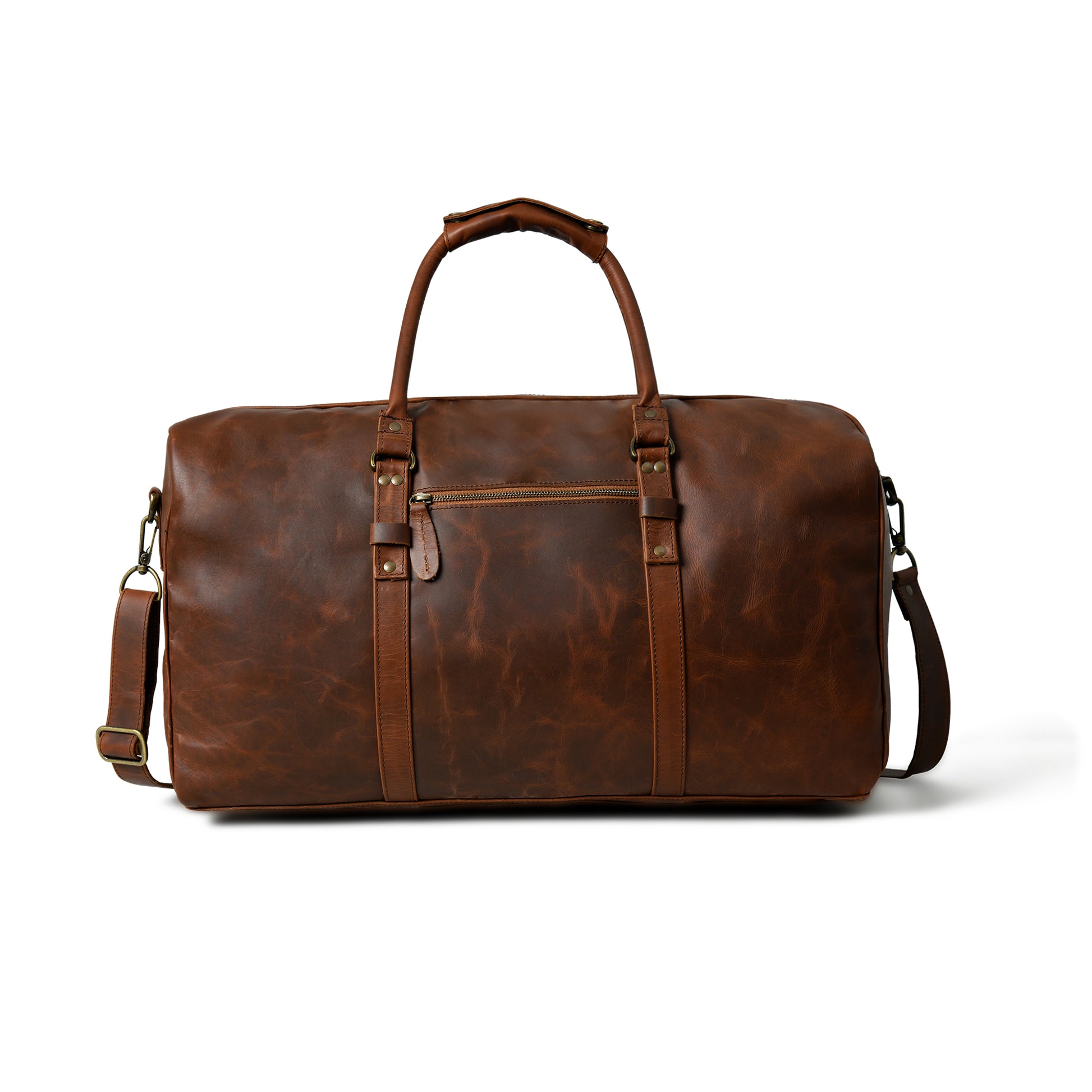 A brown distressed leather duffel bag with top handles, vertical strap details, and a detachable shoulder strap, shown on a plain white background.
