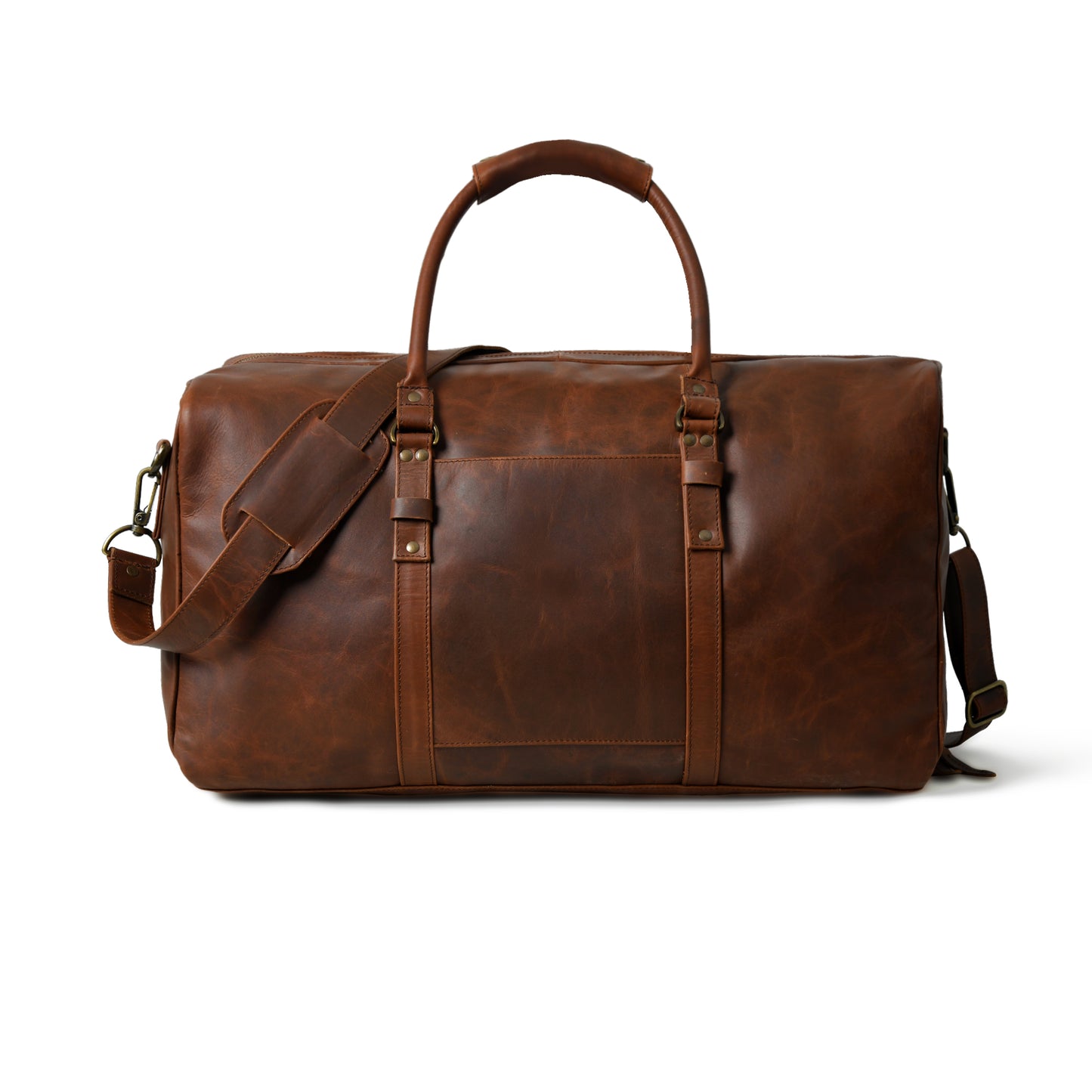 A brown distressed leather duffel bag with top handles, a detachable shoulder strap, and brass-tone hardware, photographed on a clean white background.