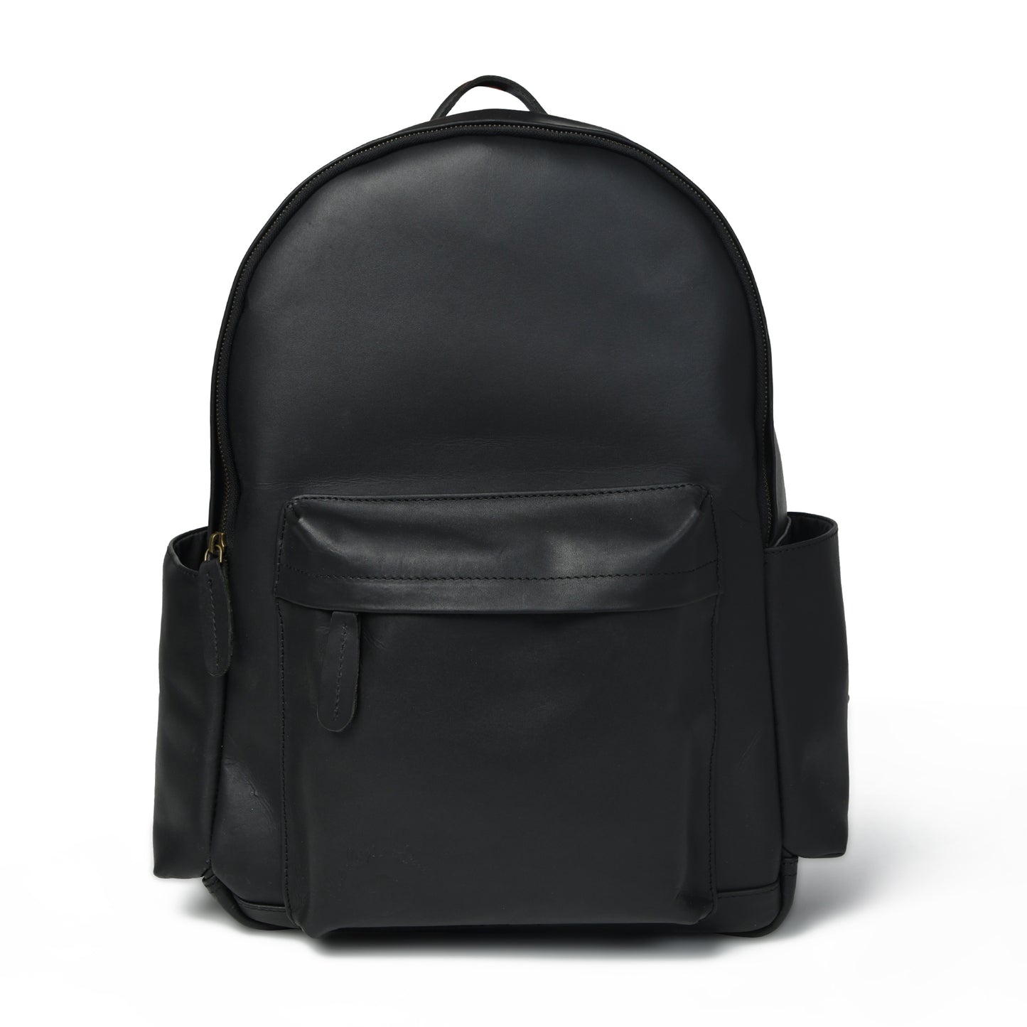 Black Atlas waxed leather work backpack, front view with rounded top, front zip pocket, and side pockets