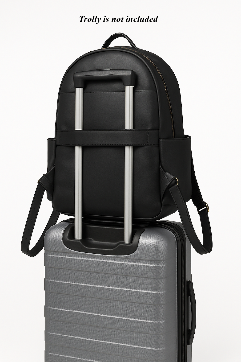 Black Atlas work backpack on a suitcase handle via rear trolley sleeve; suitcase not included