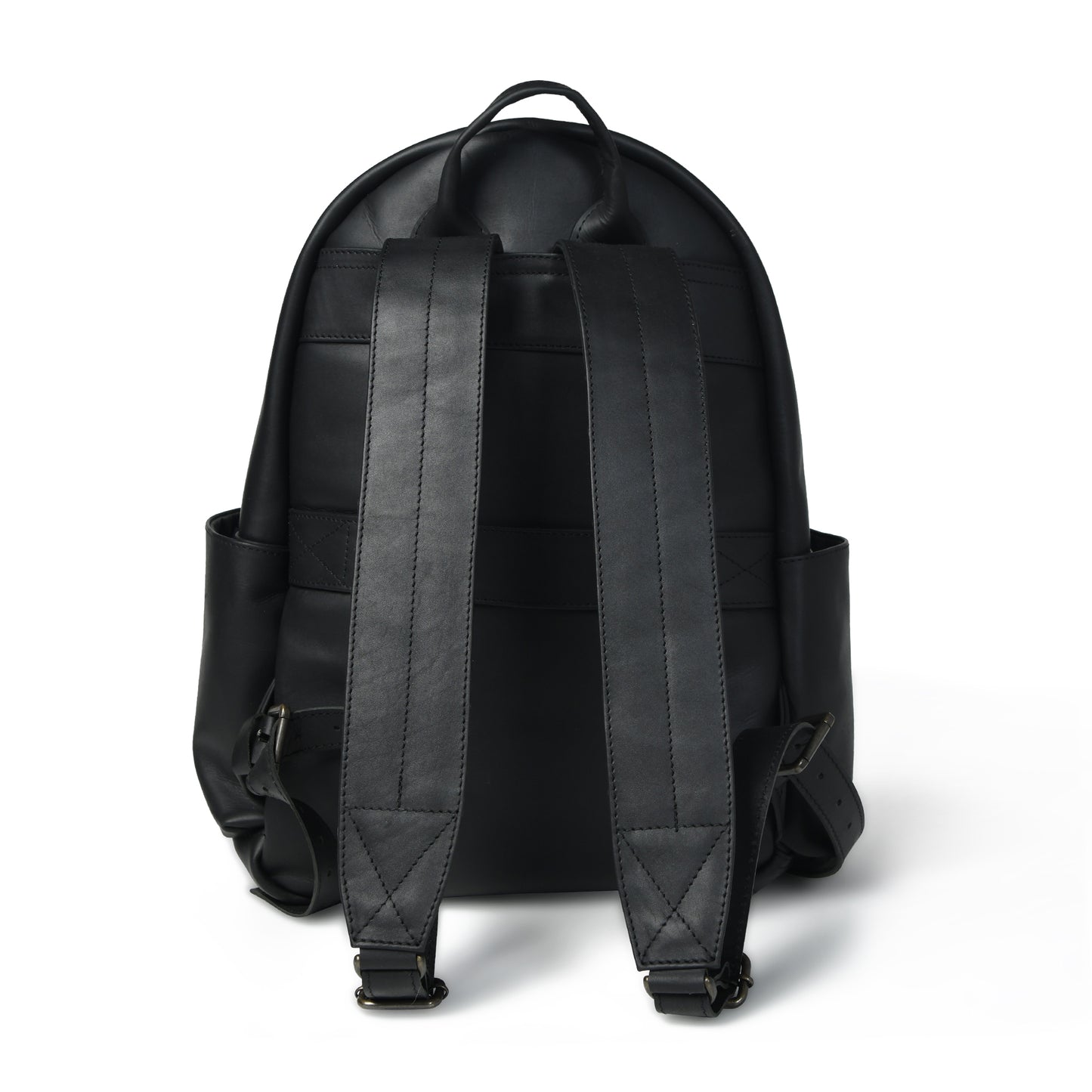 Black Atlas leather backpack, rear view with top handle, adjustable shoulder straps, and trolley sleeve