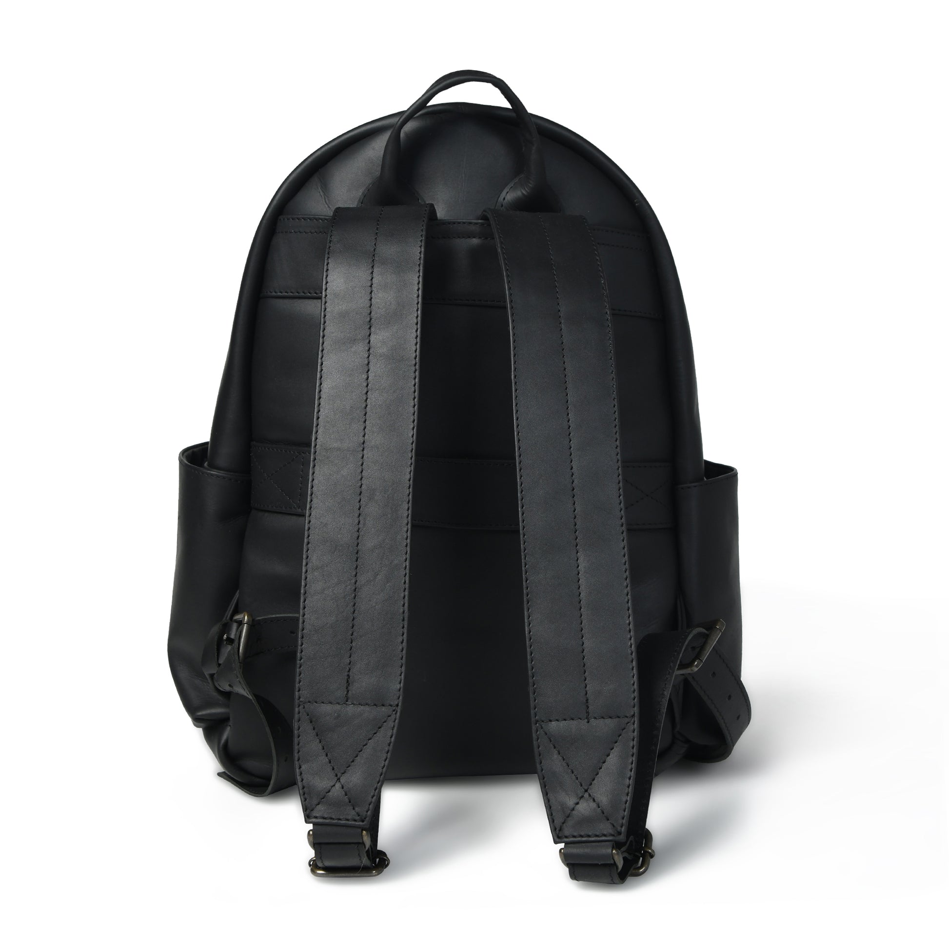Black Atlas leather backpack, rear view with top handle, adjustable shoulder straps, and trolley sleeve