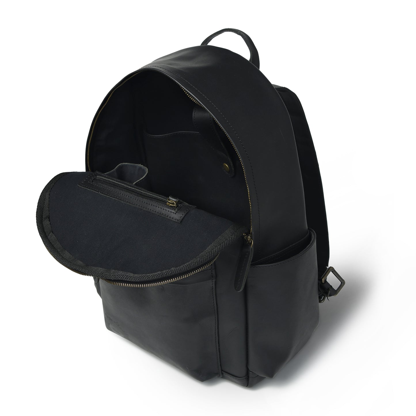 Open black Atlas leather backpack showing main zip compartment, interior zip pocket, and slip pocket