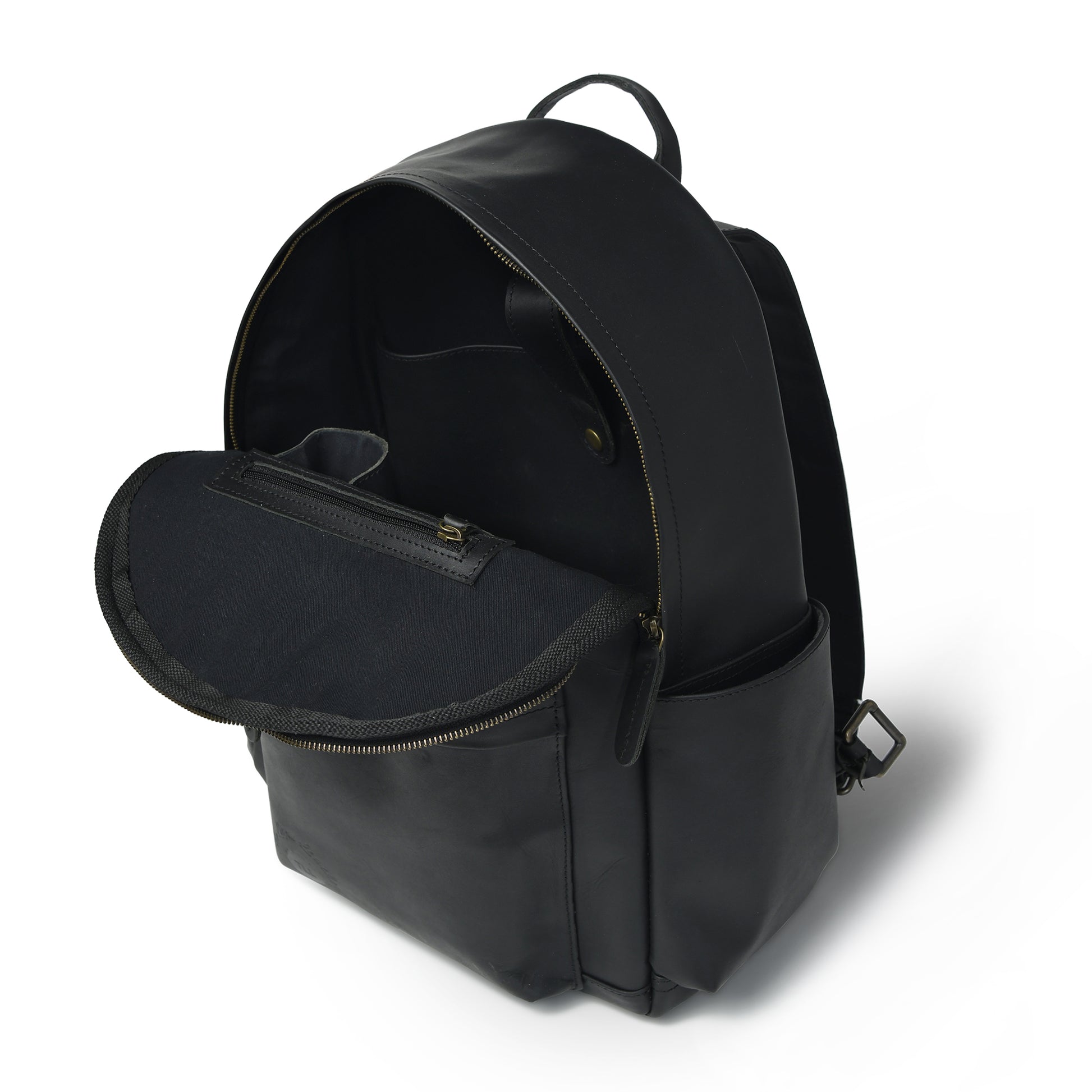 Open black Atlas leather backpack showing main zip compartment, interior zip pocket, and slip pocket