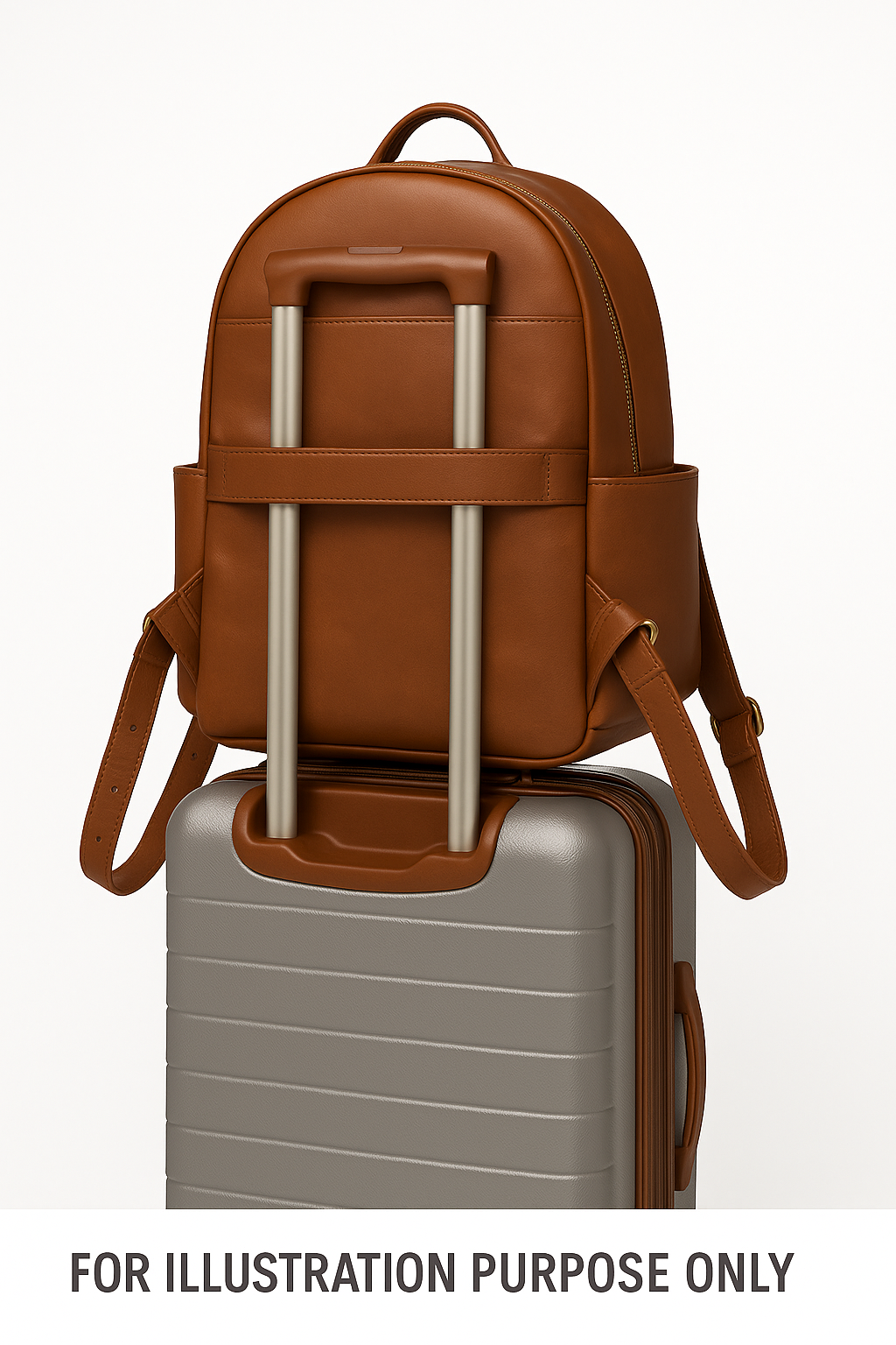 Brown Atlas work backpack on a suitcase handle via rear trolley sleeve; illustration, suitcase not included