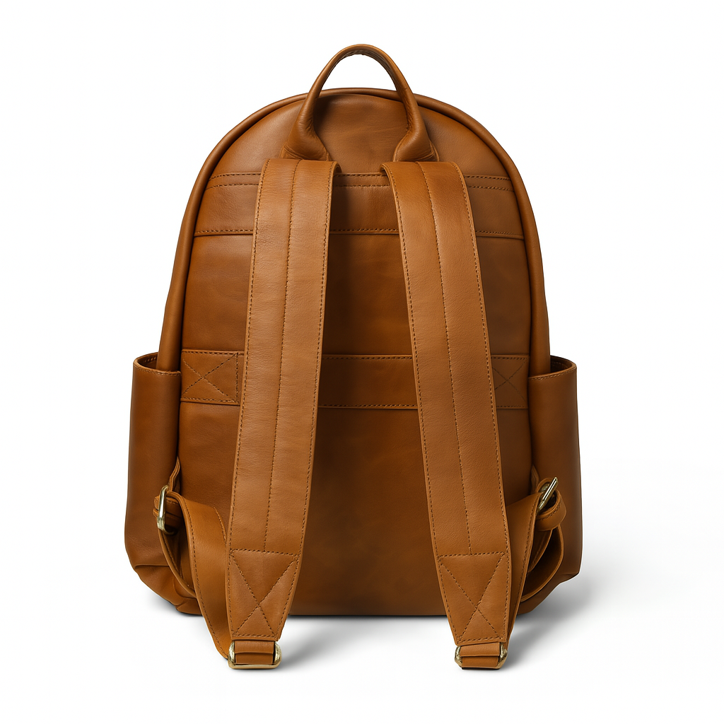 Brown Atlas leather backpack, rear view with top handle, adjustable shoulder straps, and trolley sleeve