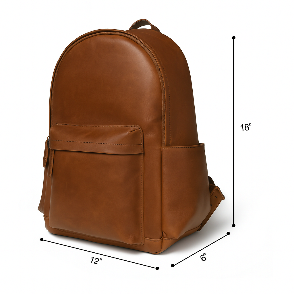 Brown Atlas backpack dimensions showing 12-inch length, 18-inch height, and 6-inch width
