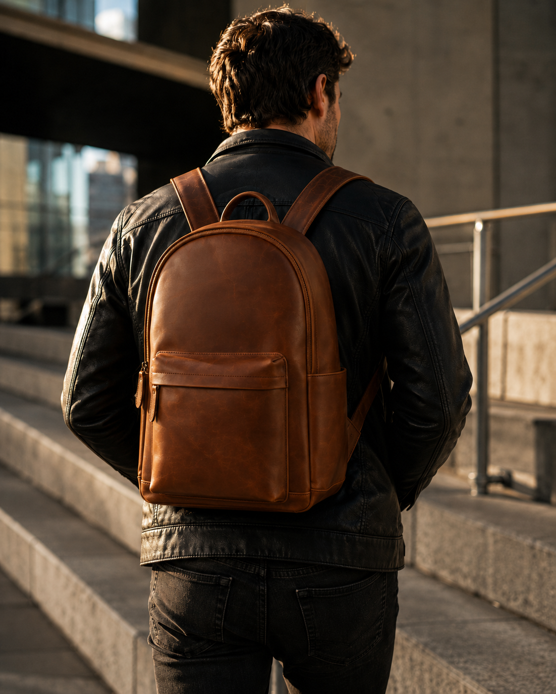 A man viewed from behind wearing Cuiravo Atlas brown leather backpack and a black leather jacket while walking up concrete stairs in an urban setting.