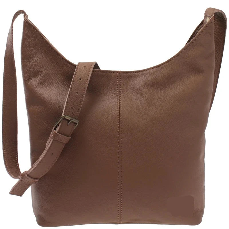 Fawn brown Aveline buffalo leather shoulder bag, front view with grained finish and adjustable buckle strap