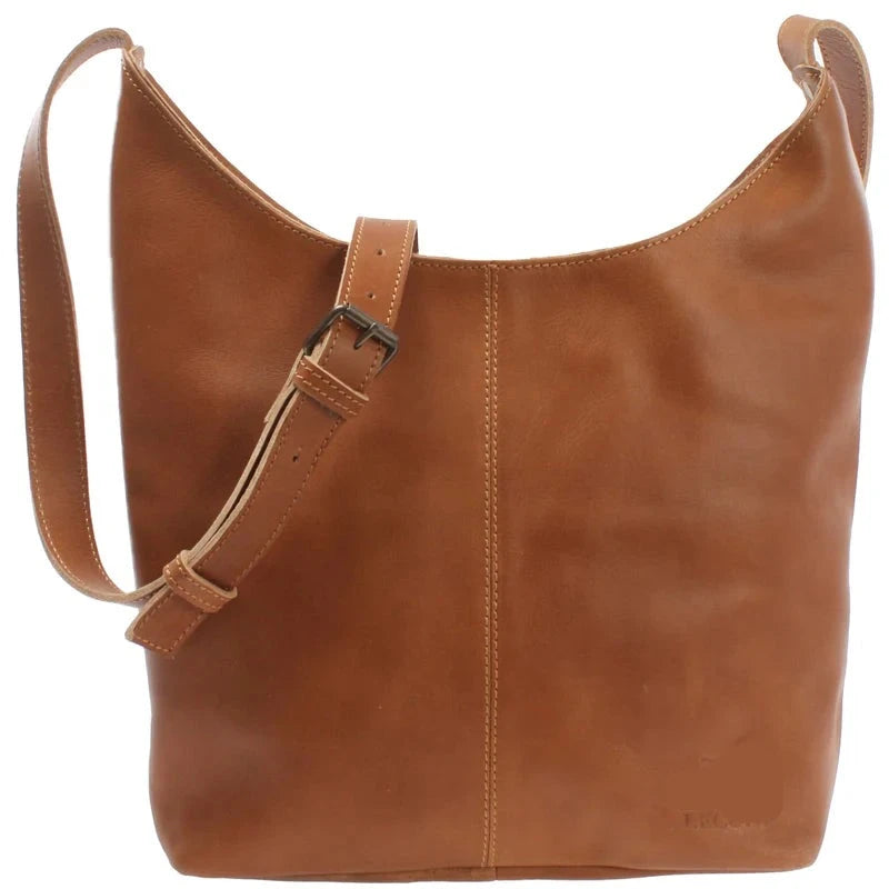 Cognac brown Aveline leather shoulder bag, front view with smooth finish and adjustable buckle strap