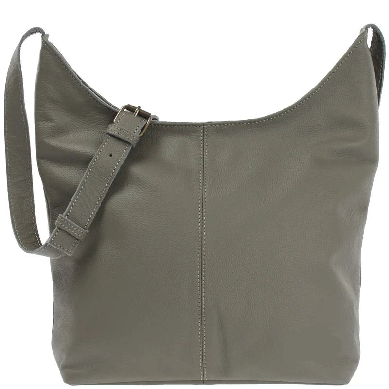 Olive gray Aveline buffalo leather shoulder bag, front view with center seam and adjustable buckle strap