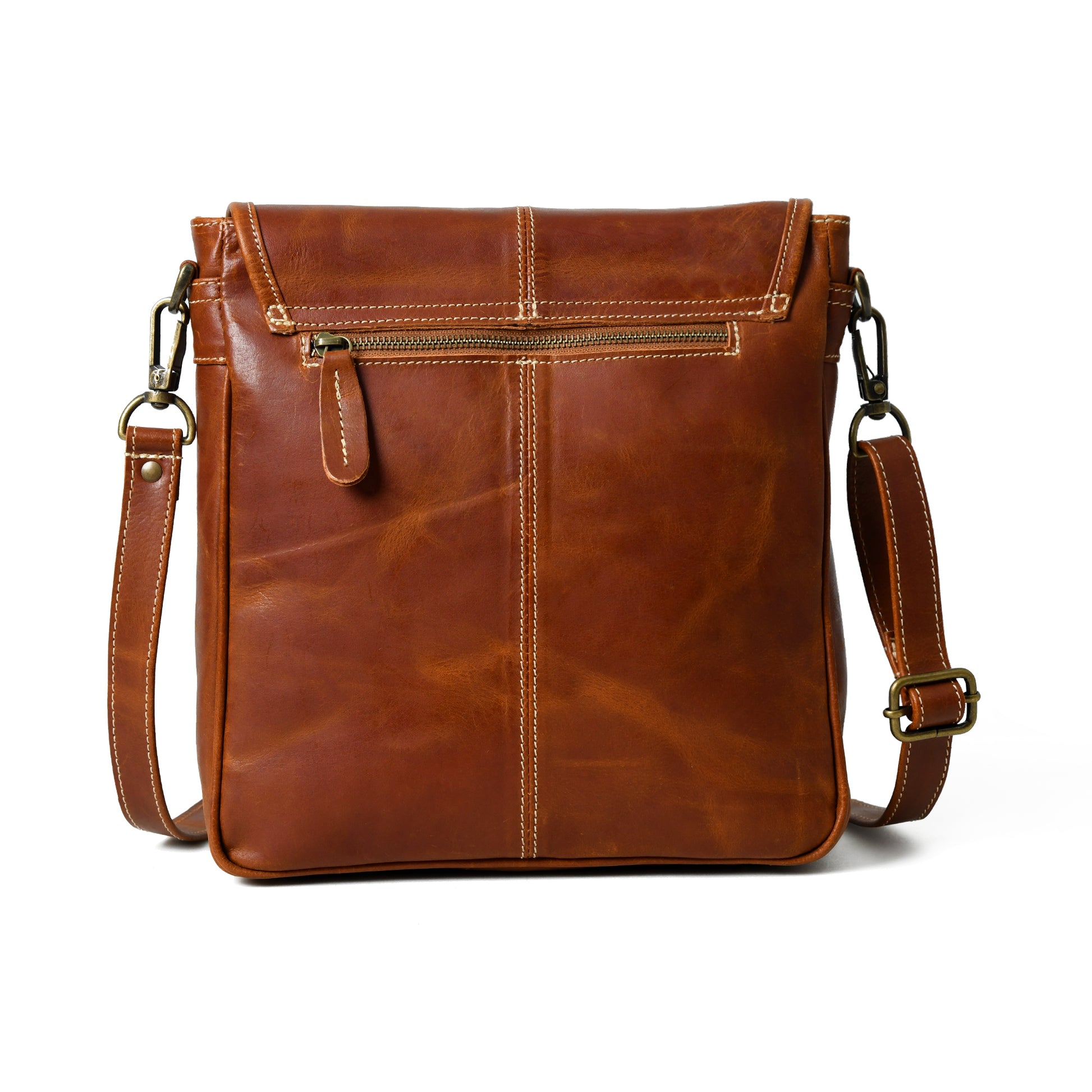 Rear view of waxed buffalo leather crossbody bag showing the back panel and strap attachments