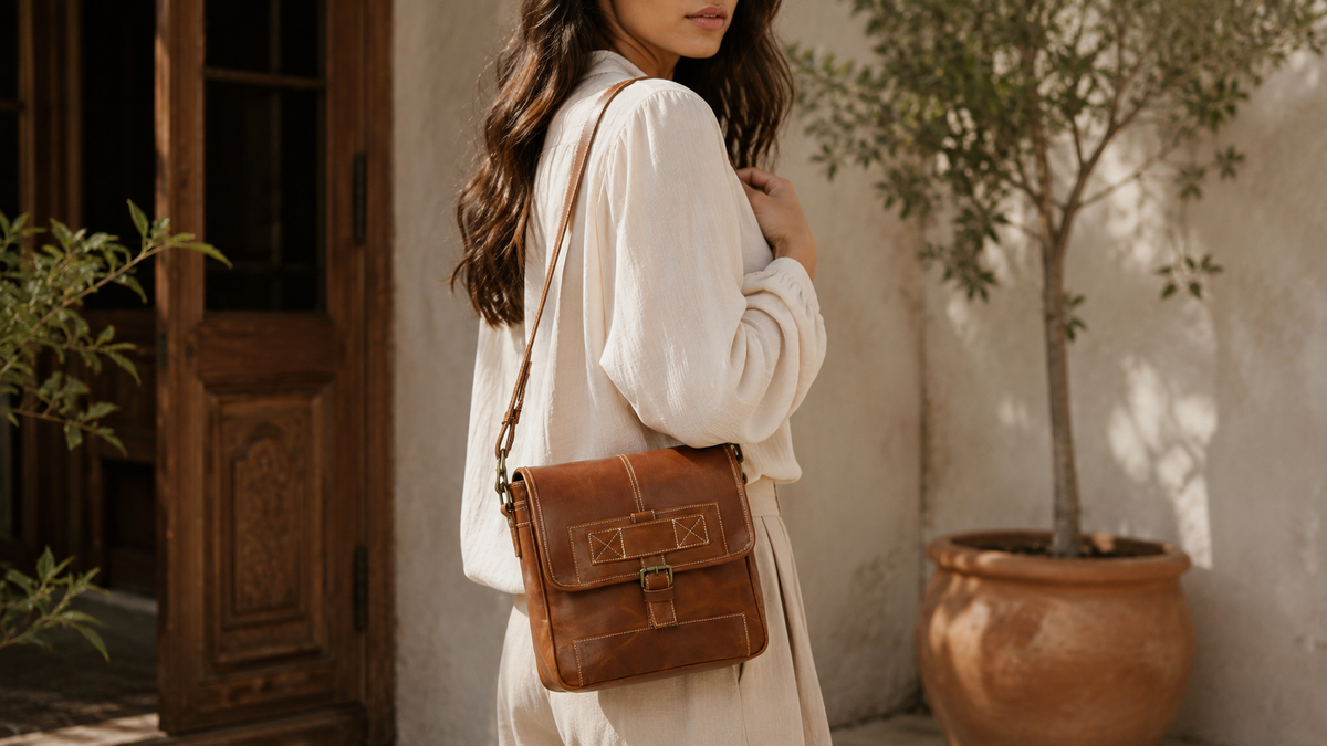 A woman in a cream dress carries a brown leather shoulder bag with a flap closure and gold-tone hardware, standing in a sunlit courtyard with a potted tree and wooden door in the background.