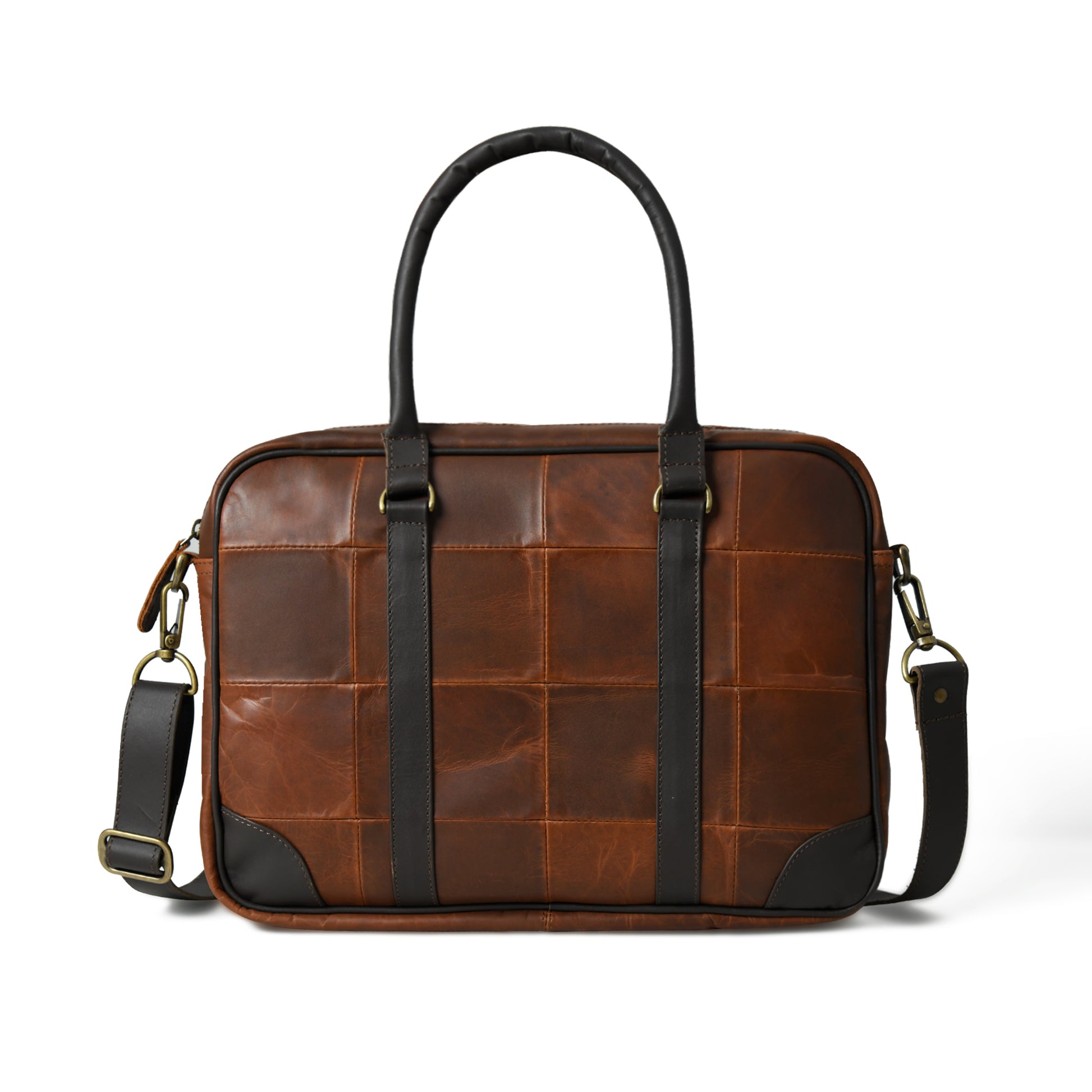 Rear view of waxed leather laptop briefcase showing the back panel and strap attachments