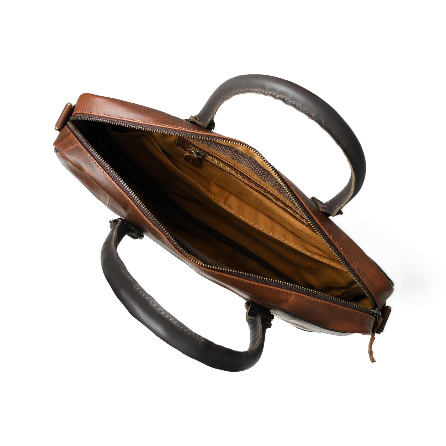 Open waxed leather laptop briefcase showing the lined interior and storage compartments
