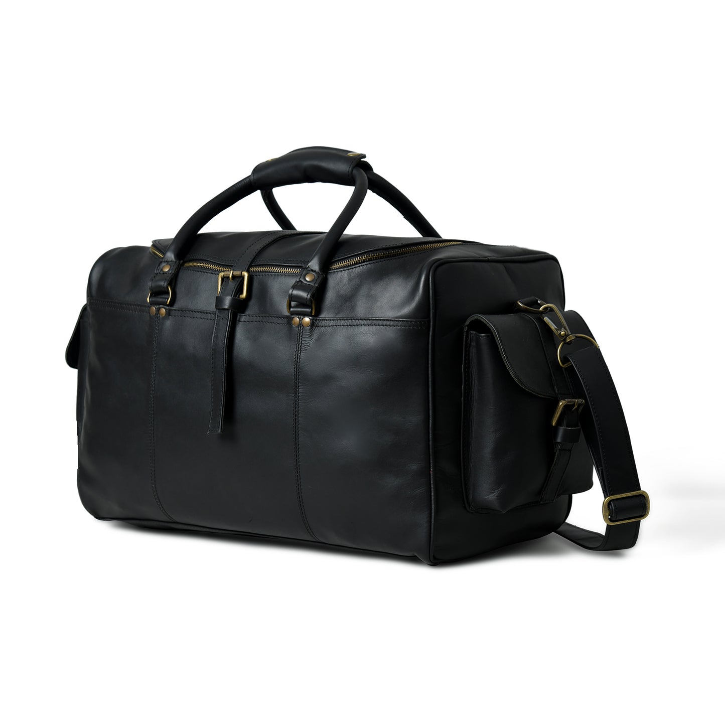 A black leather duffel bag with gold-tone hardware, dual top handles, a detachable shoulder strap, and a zippered main compartment, shown on a white background.