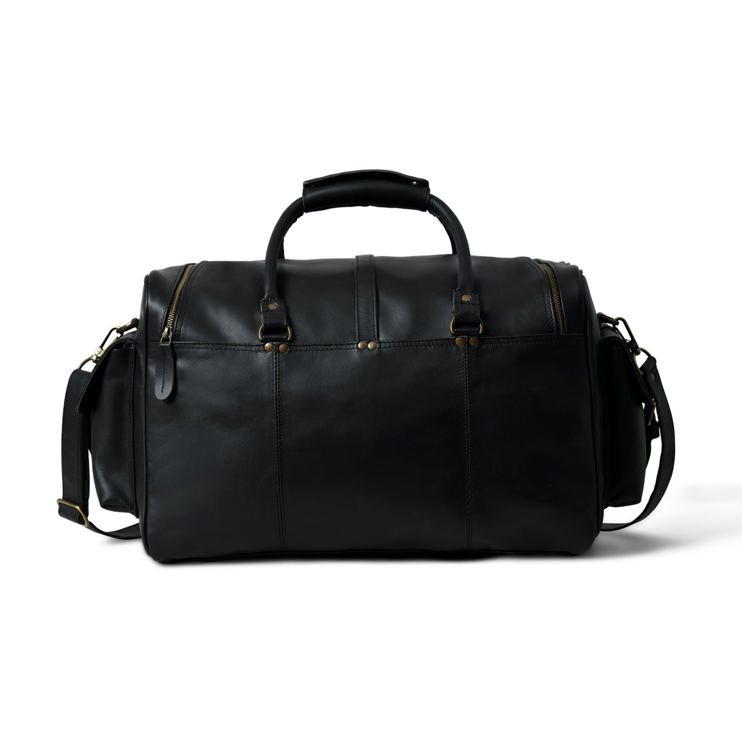A black leather duffel bag with gold-tone hardware, featuring dual top handles, a front zippered pocket, and a detachable shoulder strap, photographed on a clean white background.