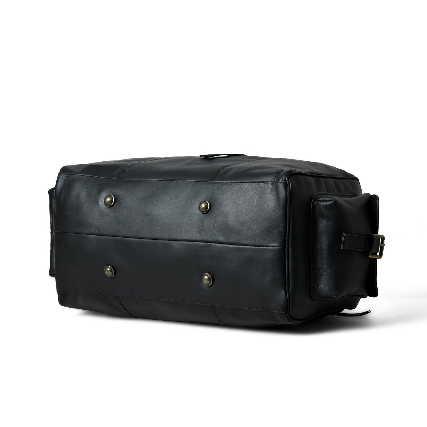 Black leather bag with silver rivets on a white background