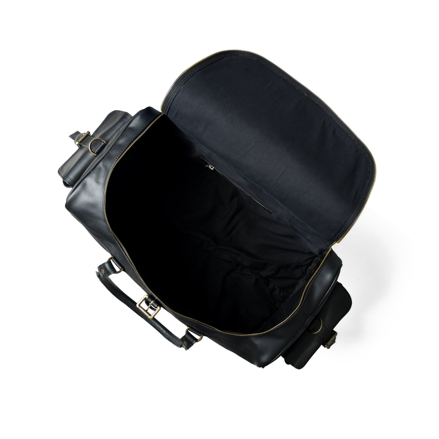 An open black leather briefcase or satchel shown from a top-down angle, revealing a spacious black interior with gold-toned zipper and piping details, set against a plain white background.