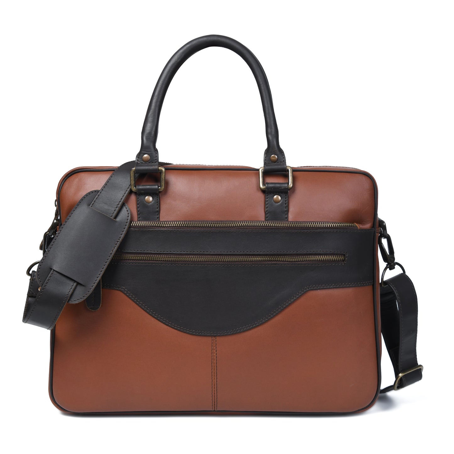 Cuiravo Calder two-tone leather laptop briefcase, front view with layered zip pockets and shoulder strap