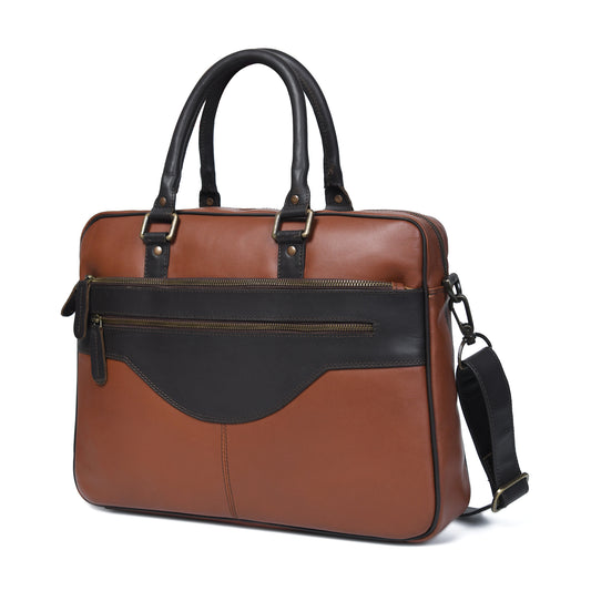 Cuiravo Calder cognac leather briefcase with dark trim, angled view showing front zip organizers