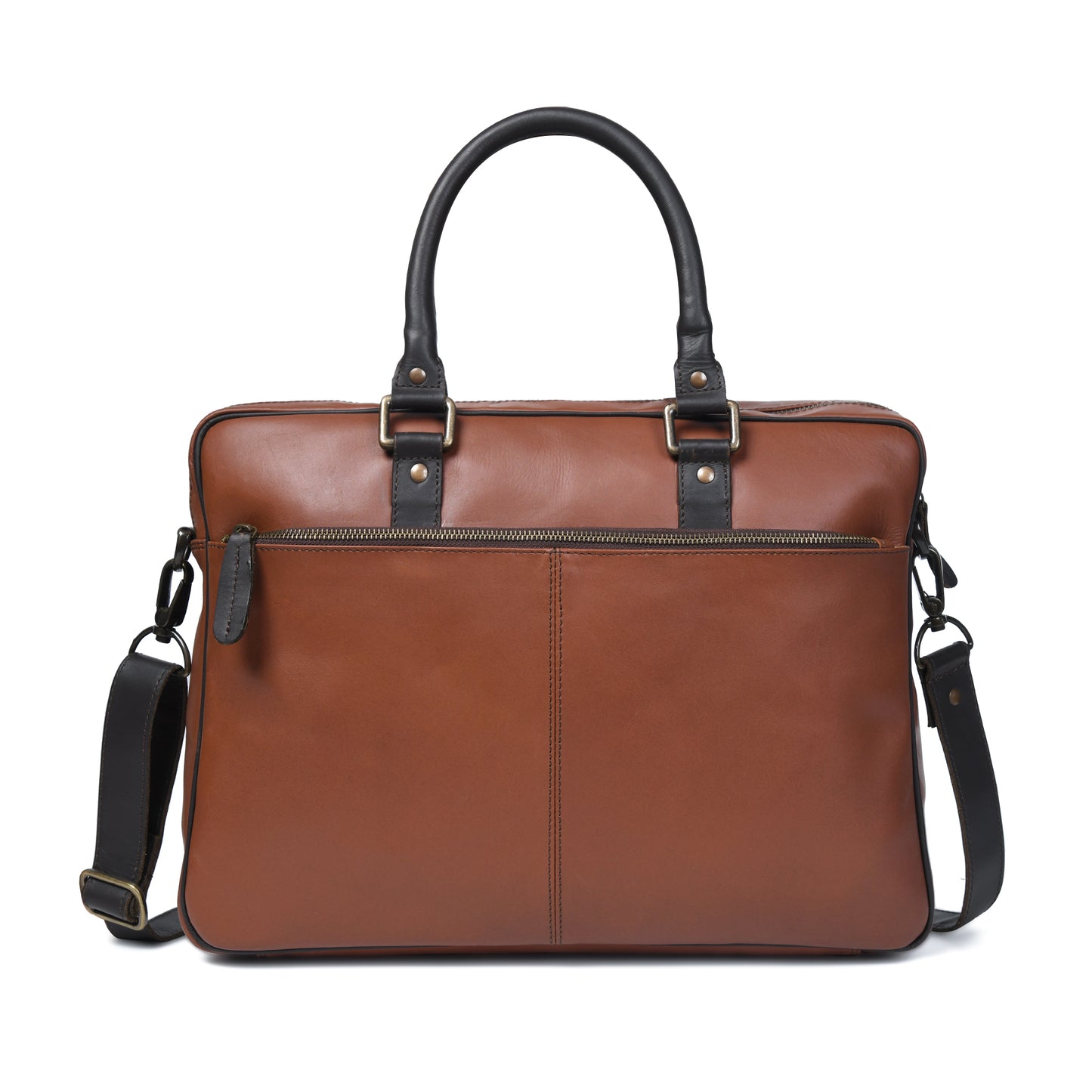 Cuiravo Calder two-tone leather briefcase, rear view with wide zip pocket and detachable shoulder strap