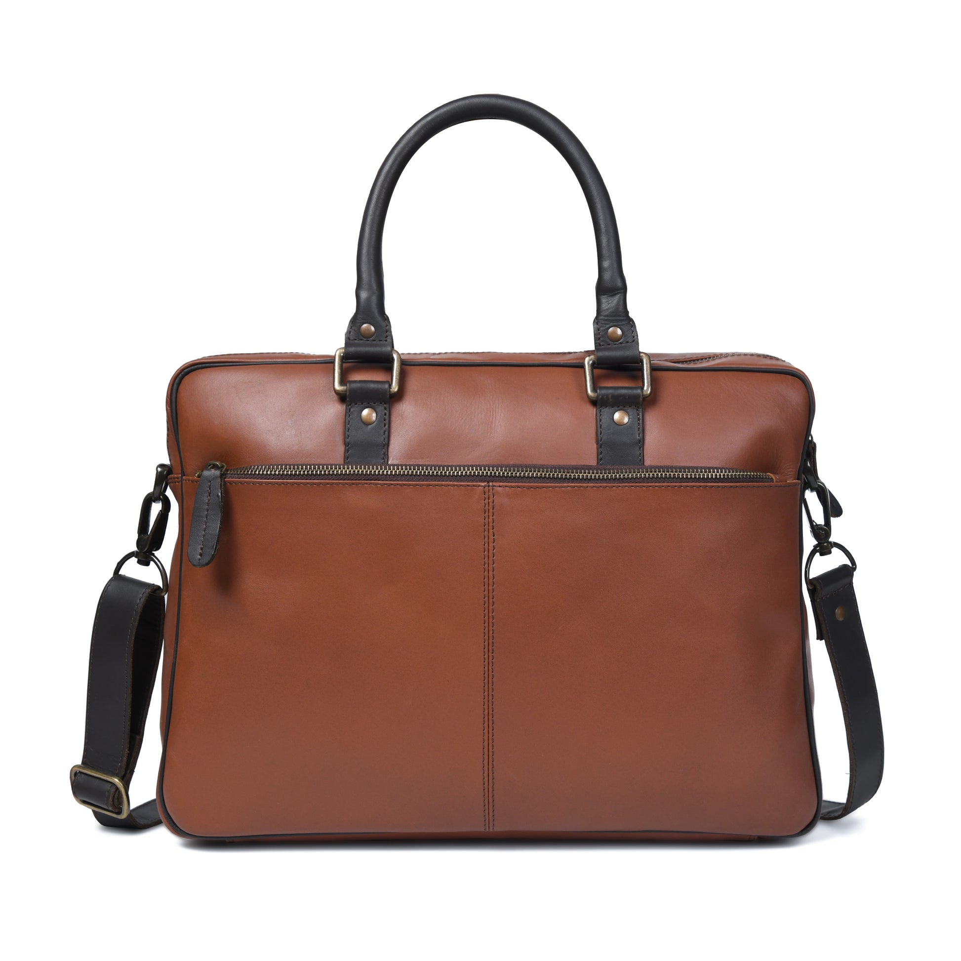 Cuiravo Calder two-tone leather briefcase, rear view with wide zip pocket and detachable shoulder strap
