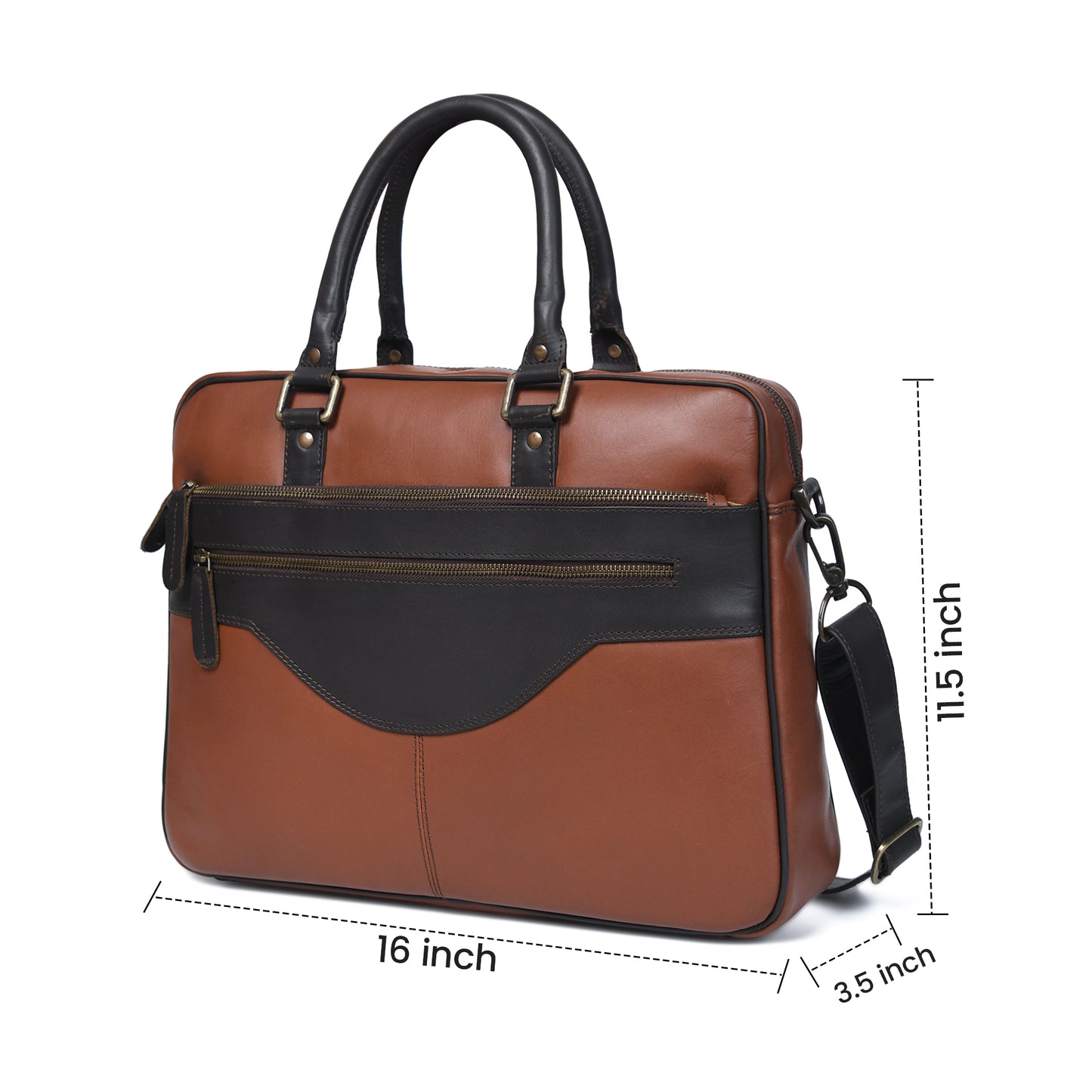 Cuiravo Calder leather briefcase dimensions: 16 inches long, 11.5 inches high, and 3.5 inches wide