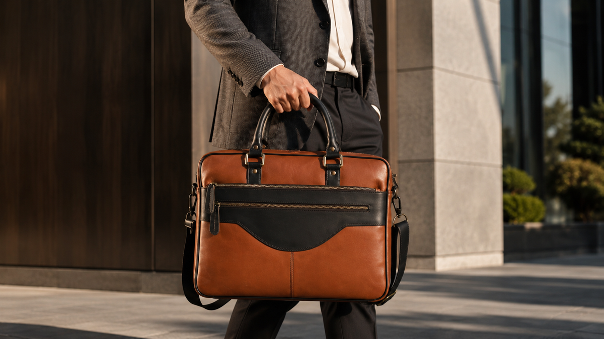 A man in a gray suit holding a brown and black leather briefcase bag in front of a modern building.