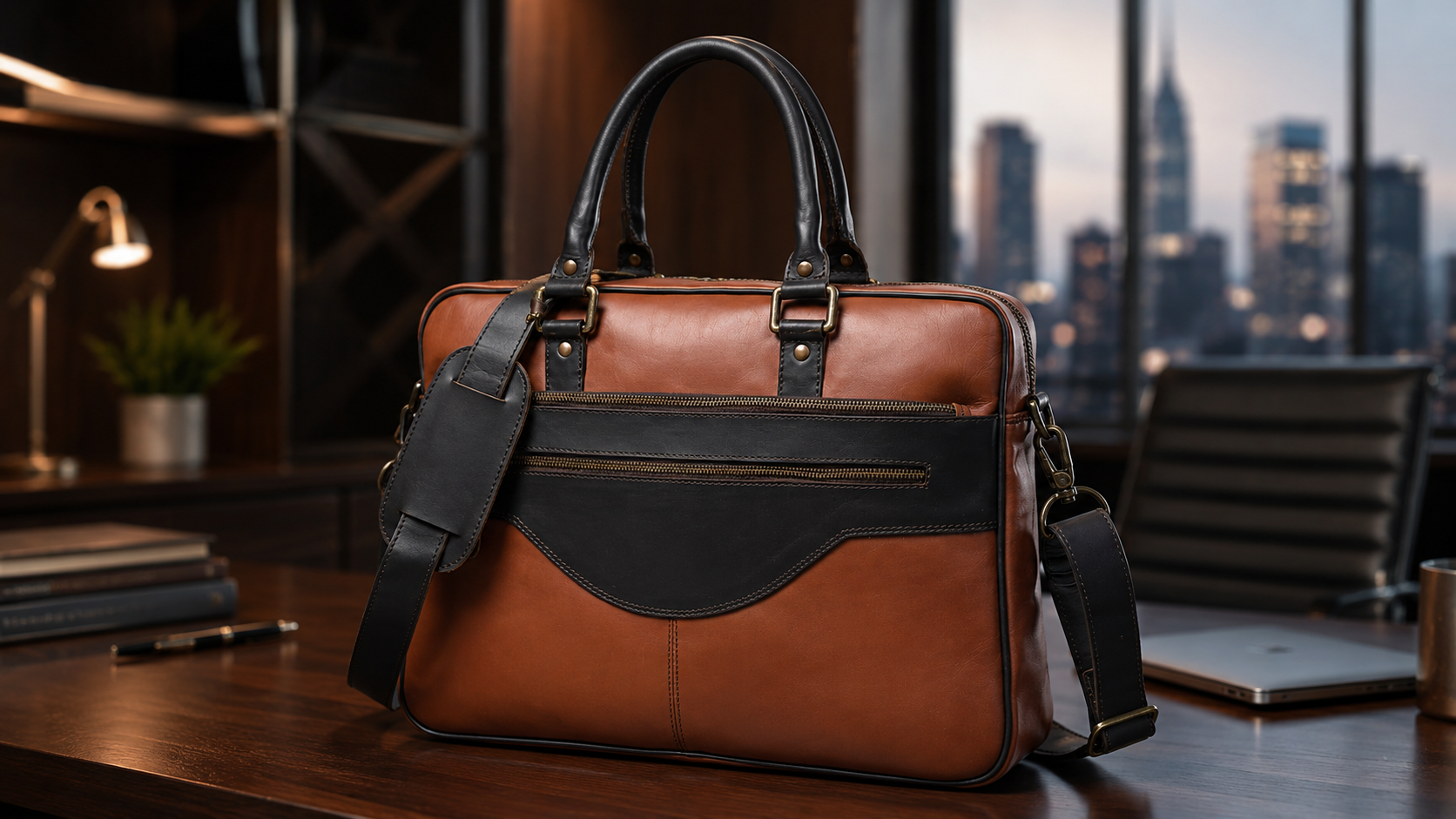 A brown and black leather briefcase-style bag with dual top handles and a shoulder strap, placed on a wooden desk in a modern office setting with a city skyline visible through the window behind it.