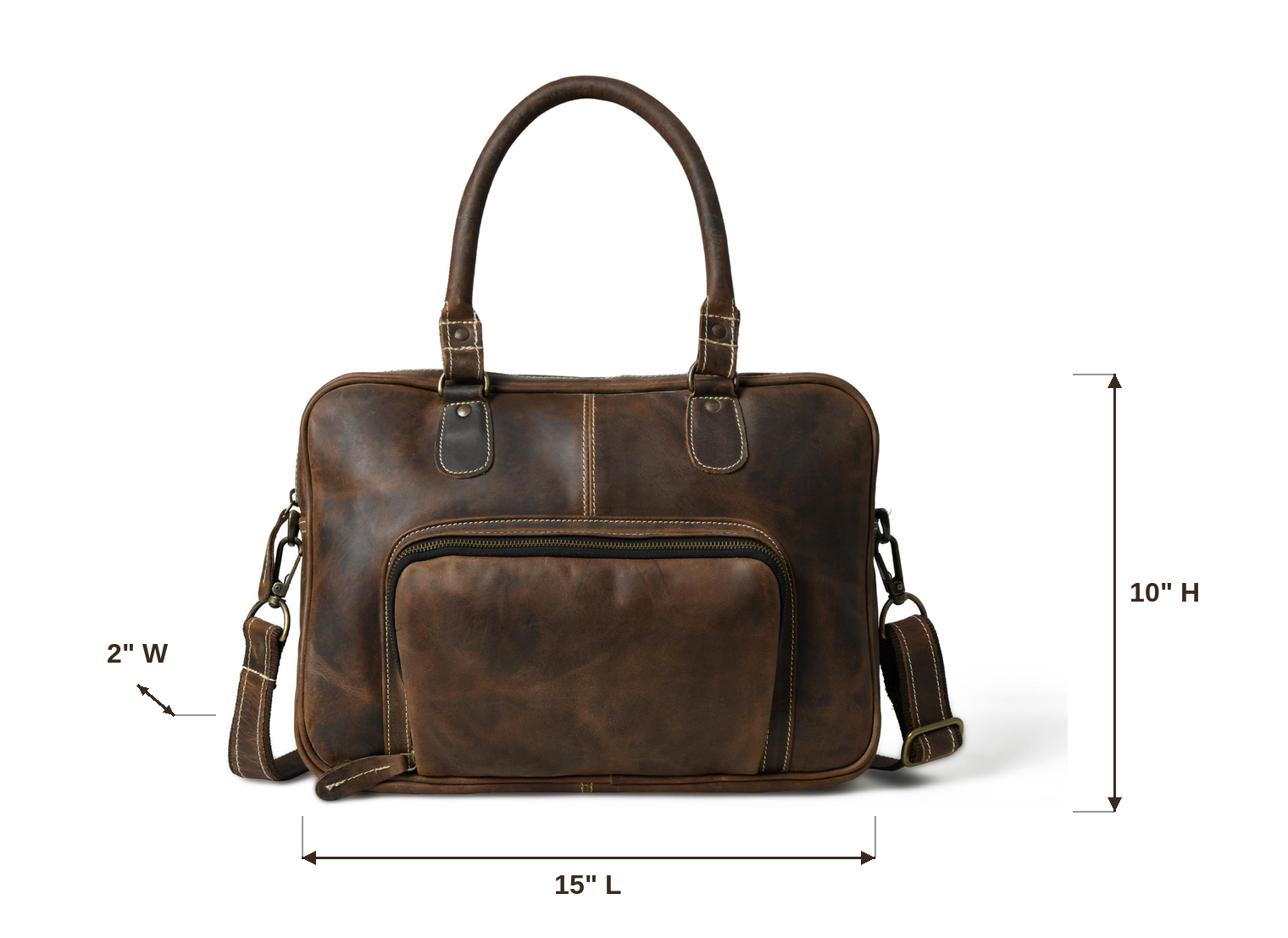 A dark brown Cuiravo Cambridge leather briefcase with top handles, a front zip pocket, and an adjustable shoulder strap, shown on a white background with dimension lines indicating 15" L, 10" H, and 2" W.