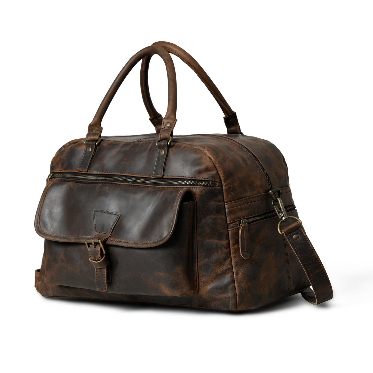 Waxed Cow Leather weekender duffel, alternate angle highlighting shape and craftsmanship. A dark brown distressed leather duffel bag with dual top handles, a front flap pocket with a buckle closure, and a detachable shoulder strap, shown on a white background.