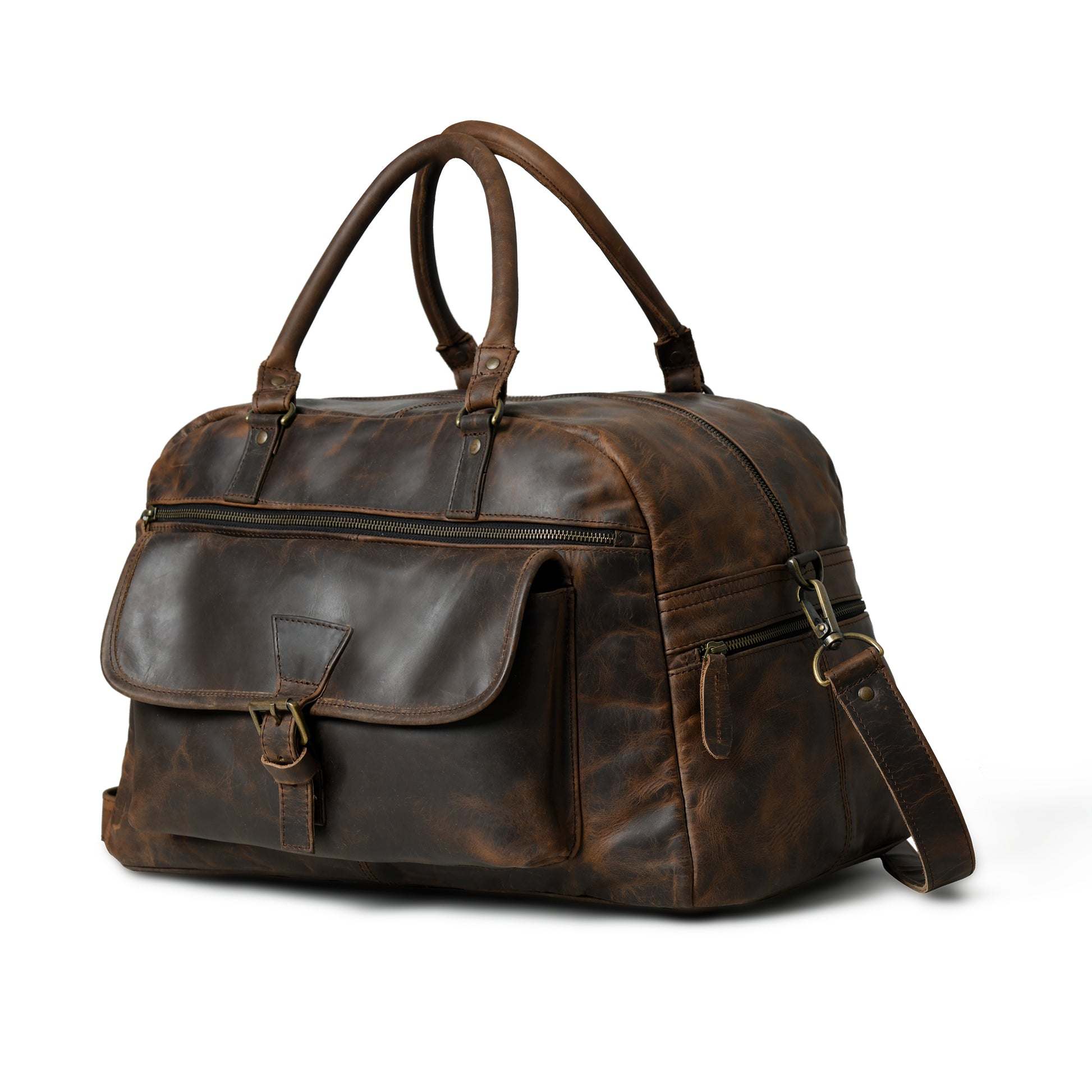 Waxed Cow Leather weekender duffel, alternate angle highlighting shape and craftsmanship. A dark brown distressed leather duffel bag with dual top handles, a front flap pocket with a buckle closure, and a detachable shoulder strap, shown on a white background.