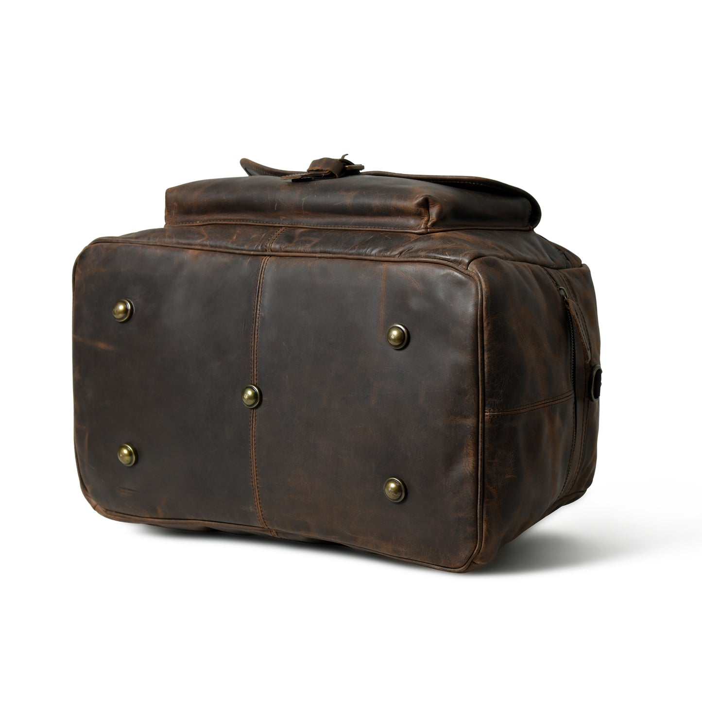 Waxed Cow Leather weekender duffel, alternate view highlighting hardware. A dark brown distressed leather motorcycle luggage bag with brass snap buttons, shown from a three-quarters angle on a white background.
