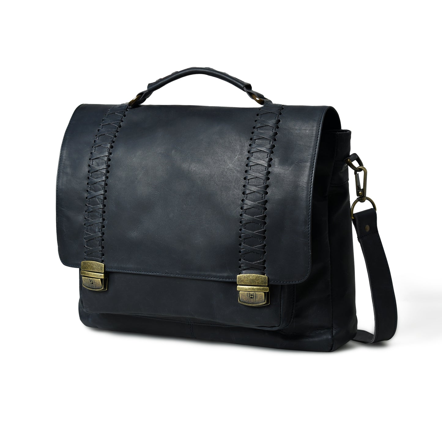 Waxed leather laptop briefcase in an angled front view with handles and hardware