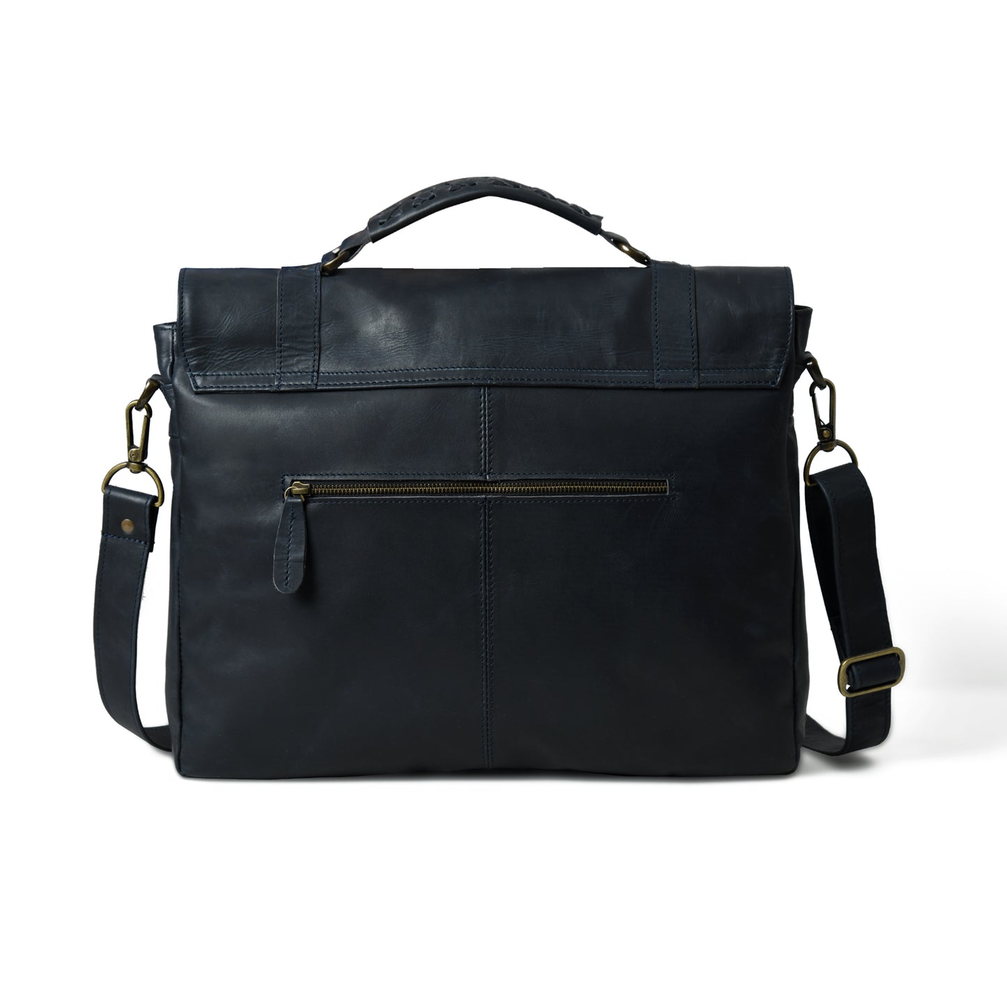 Rear view of waxed leather laptop briefcase showing the back panel and strap attachments