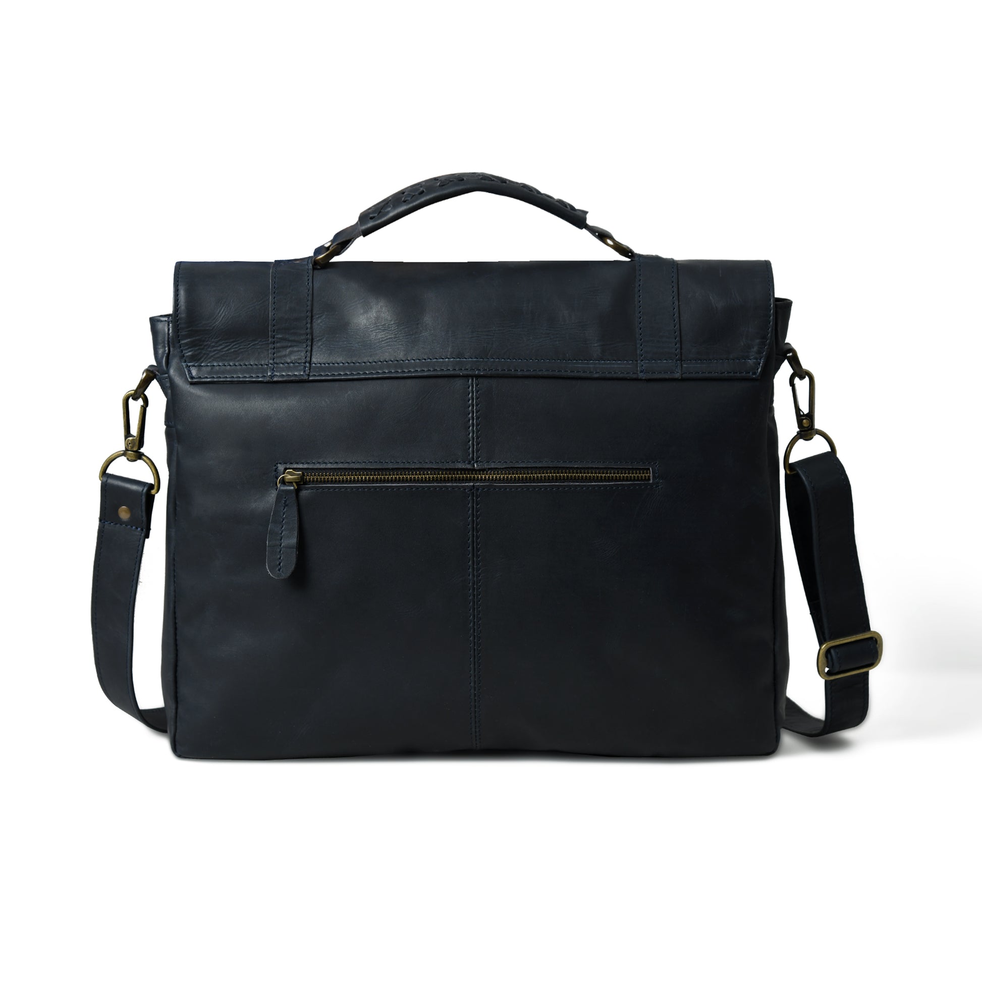 Rear view of waxed leather laptop briefcase showing the back panel and strap attachments