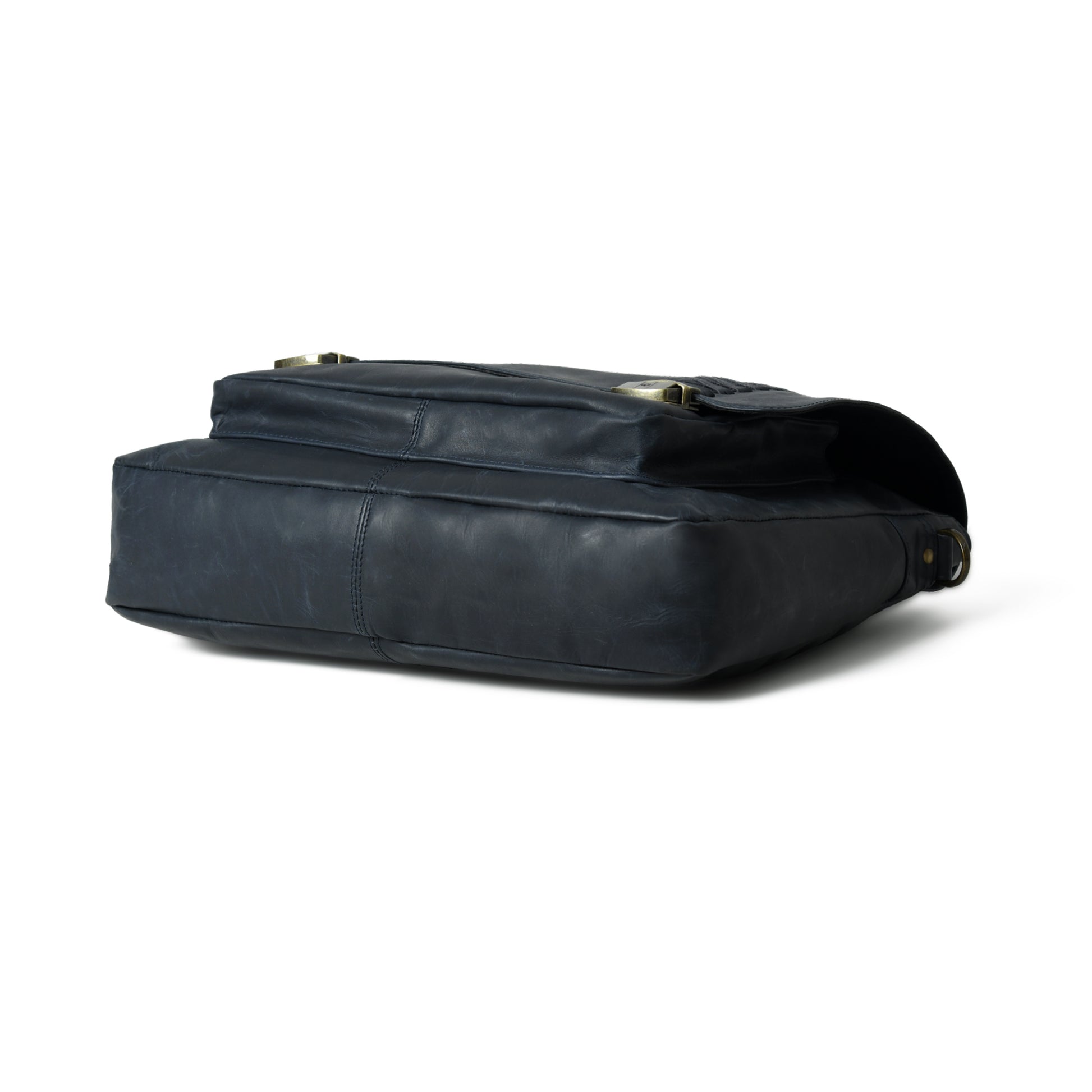 Bottom view of waxed leather laptop briefcase showing the reinforced base and edge stitching