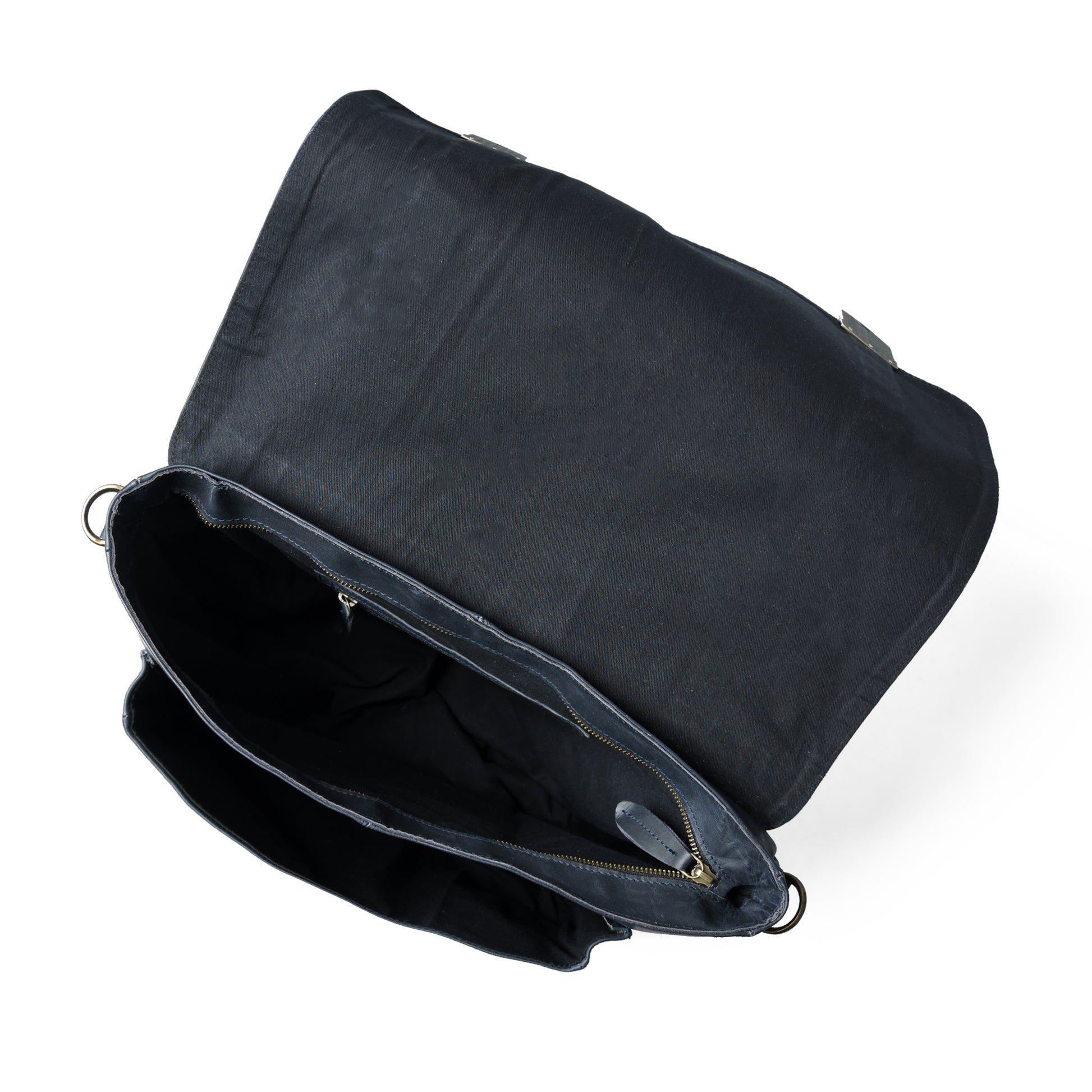 Open waxed leather laptop briefcase showing the lined interior and storage compartments