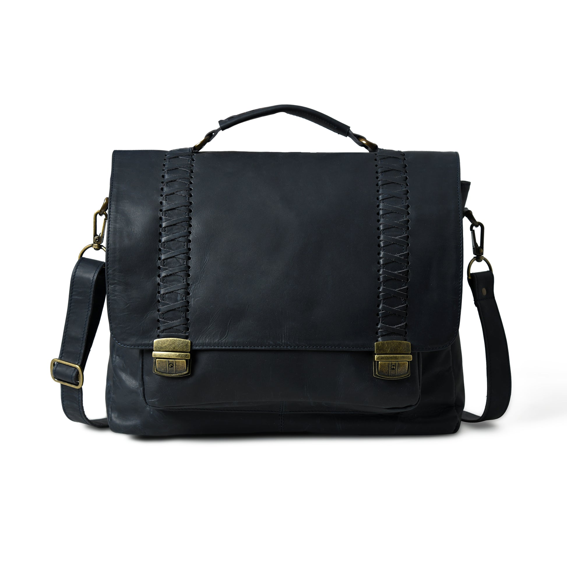 Front view of waxed leather laptop briefcase showing pockets, closure, and hardware