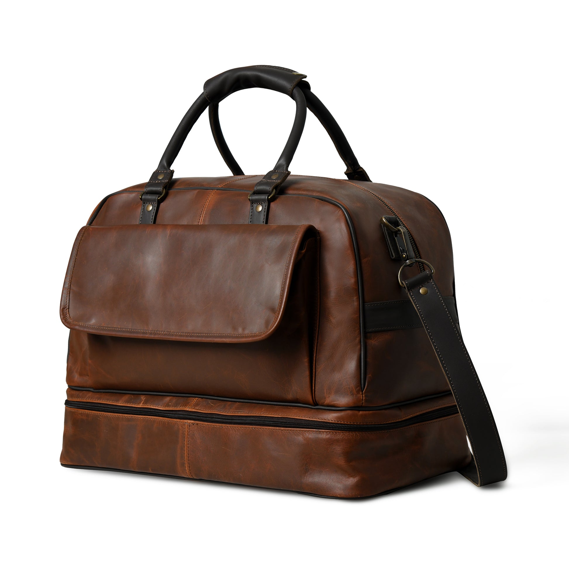 Waxed Cow Leather weekender duffel with refined hardware, angled product view, showing flaps, handle, and leather stitching.