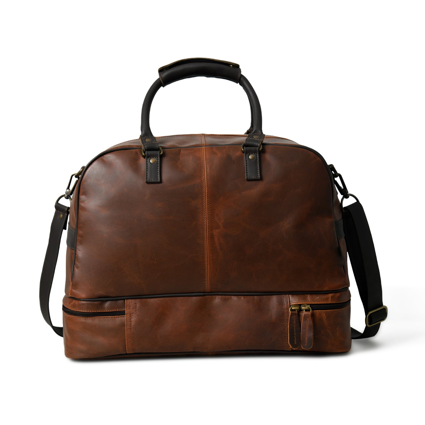 A brown distressed leather duffel bag with black handles and a black shoulder strap, shown on a clean white background.