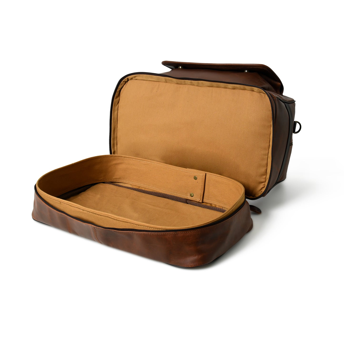 An open brown leather suitcase or travel bag with a tan interior lining, photographed on a clean white background.