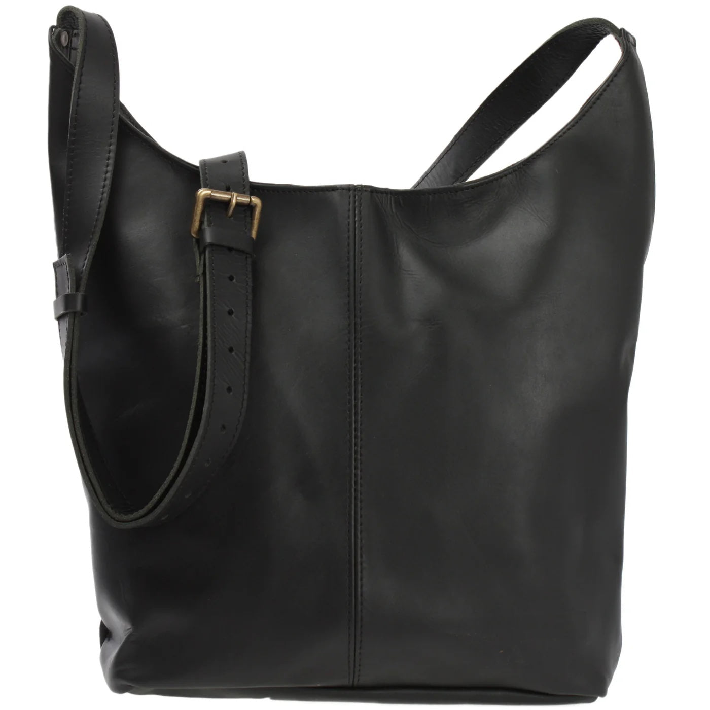 Black Elaine waxed cowhide shoulder bag, front view with center seam and adjustable buckle strap