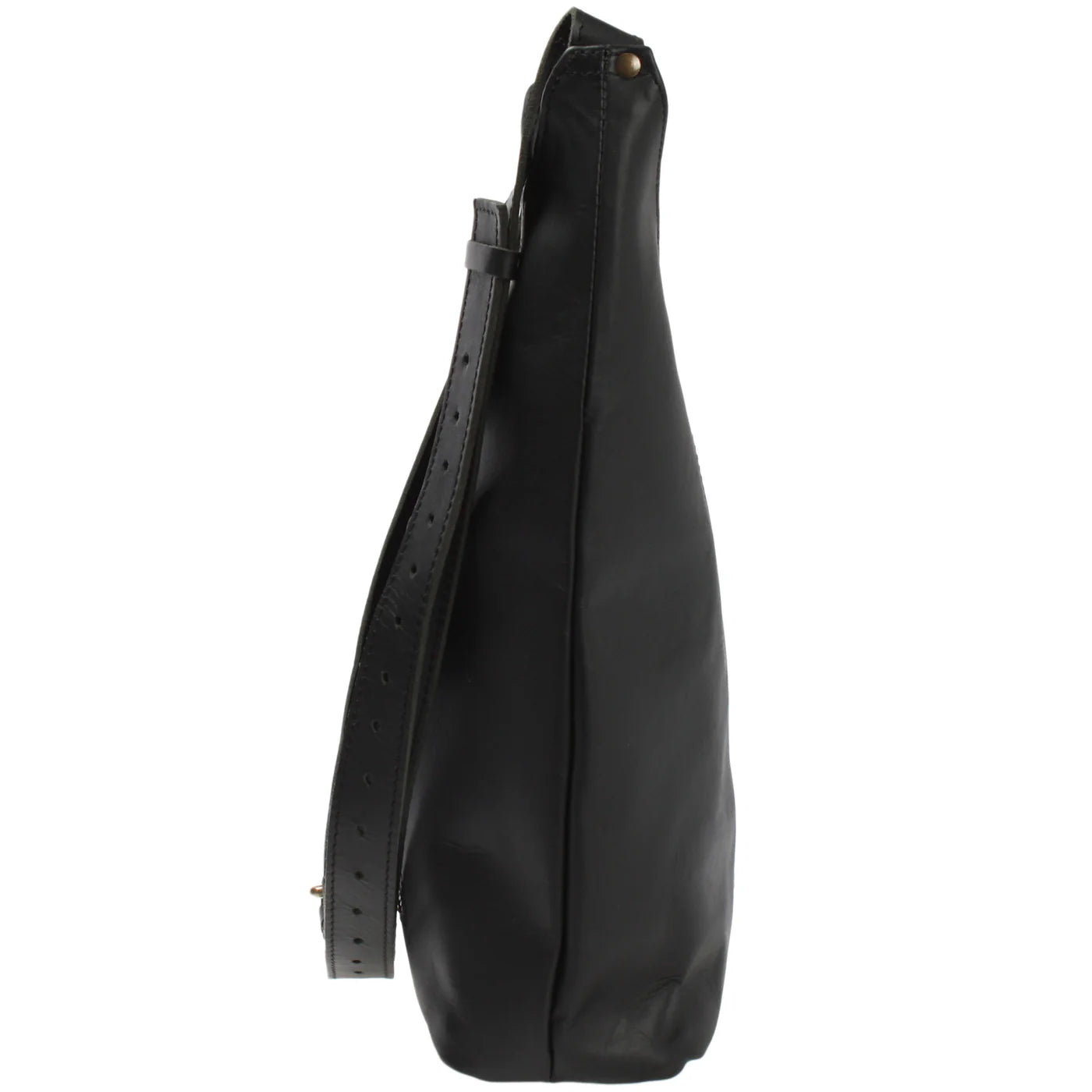 Black Elaine waxed cowhide shoulder bag, side view showing slim depth and adjustable strap