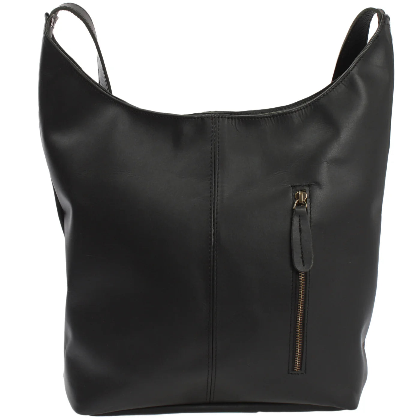 Black Elaine leather shoulder bag, rear view with vertical zipper pocket and leather pull