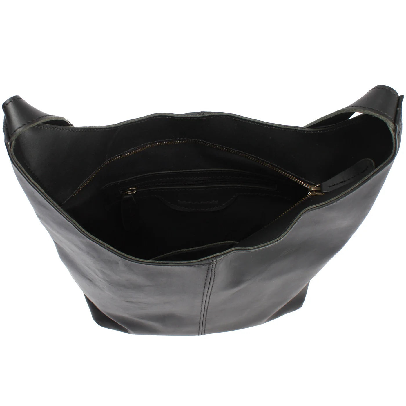 Open black Elaine shoulder bag showing fabric lining, interior zip pocket, and main zipper