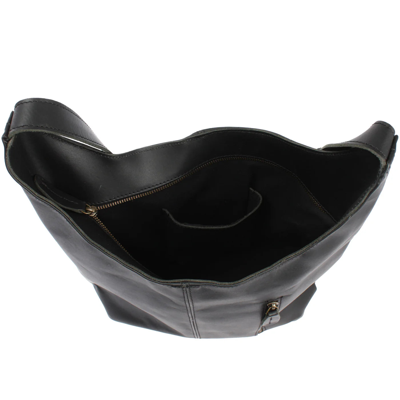 Open black Elaine shoulder bag showing lined interior and smartphone slip pocket